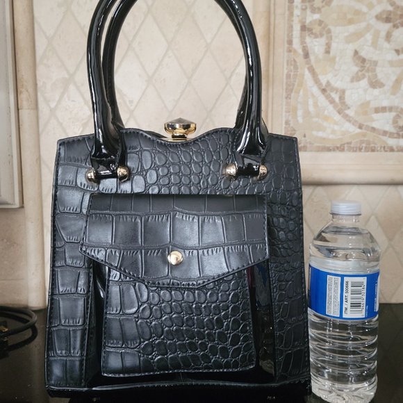 Black Patent and croc embossed PVC Structured Tote - Picture 11 of 11